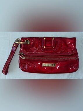 Jimmy Choo Red Patent Leather Clutch/Wristlet with Gold Hardware, Comes With COA
